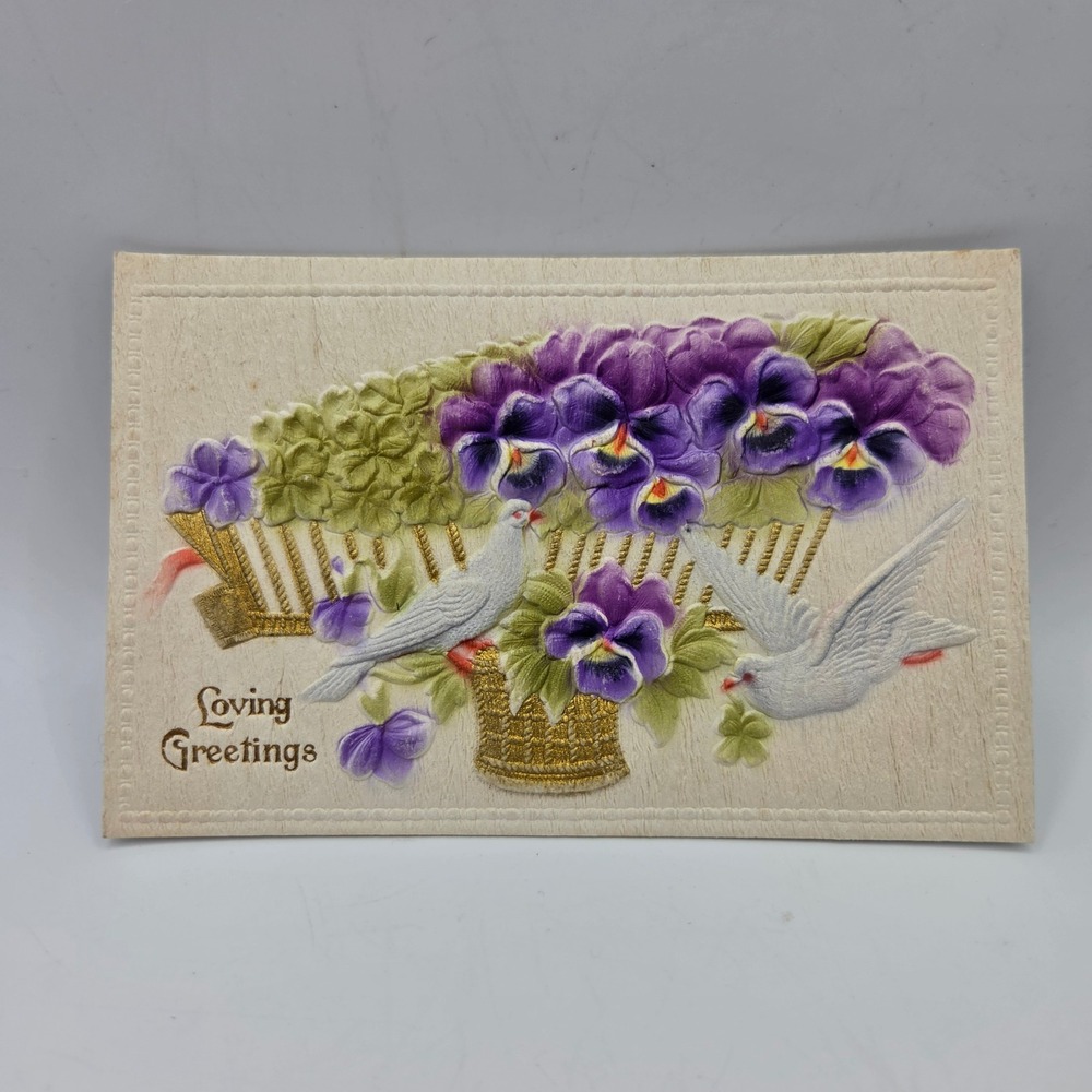 Vintage Loving Greetings Postcard Pansies Doves Embossed 1910 Germany